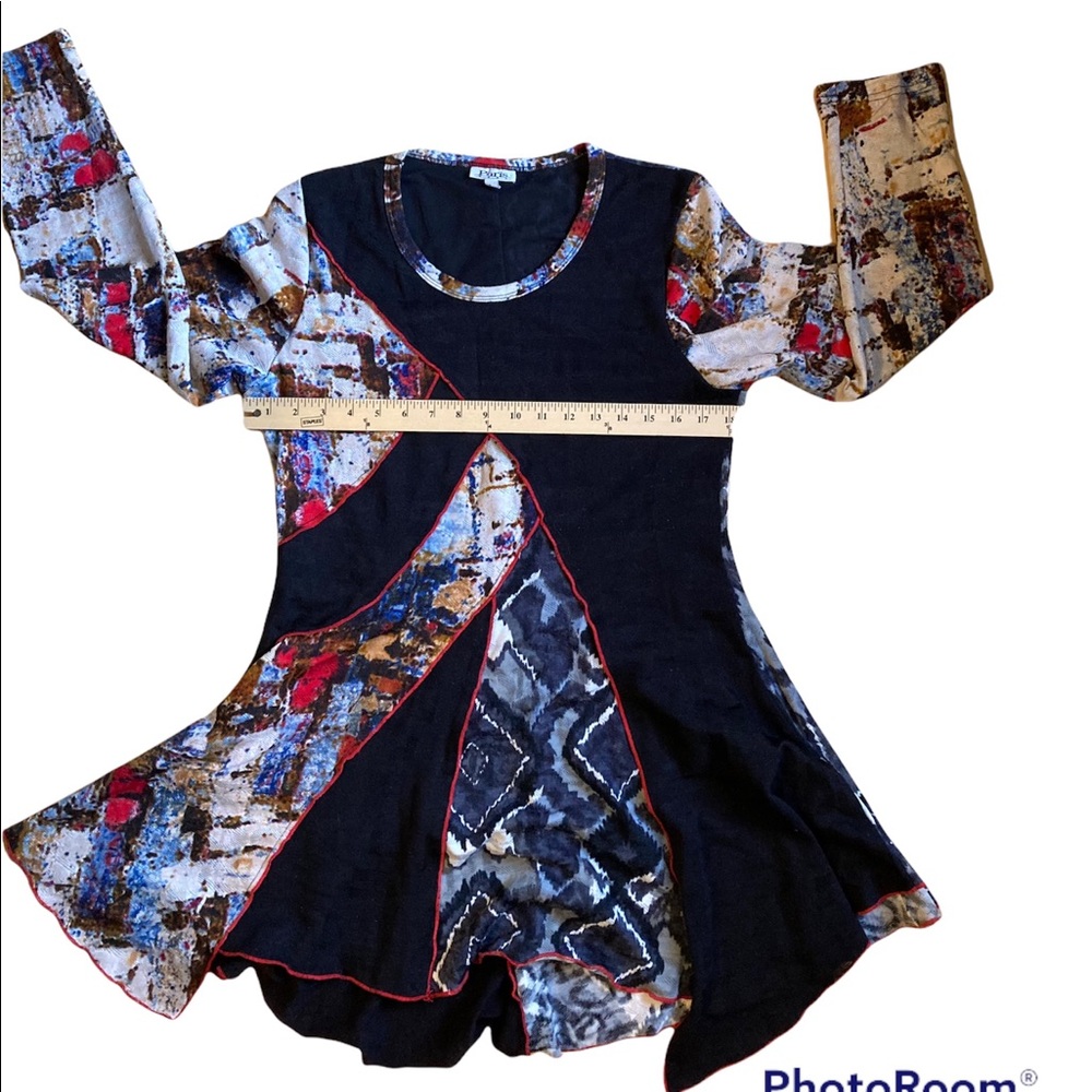 Paris, multicolored tunic, short dress, patchwork, uneven hem, stretchy, L - Picture 6 of 11
